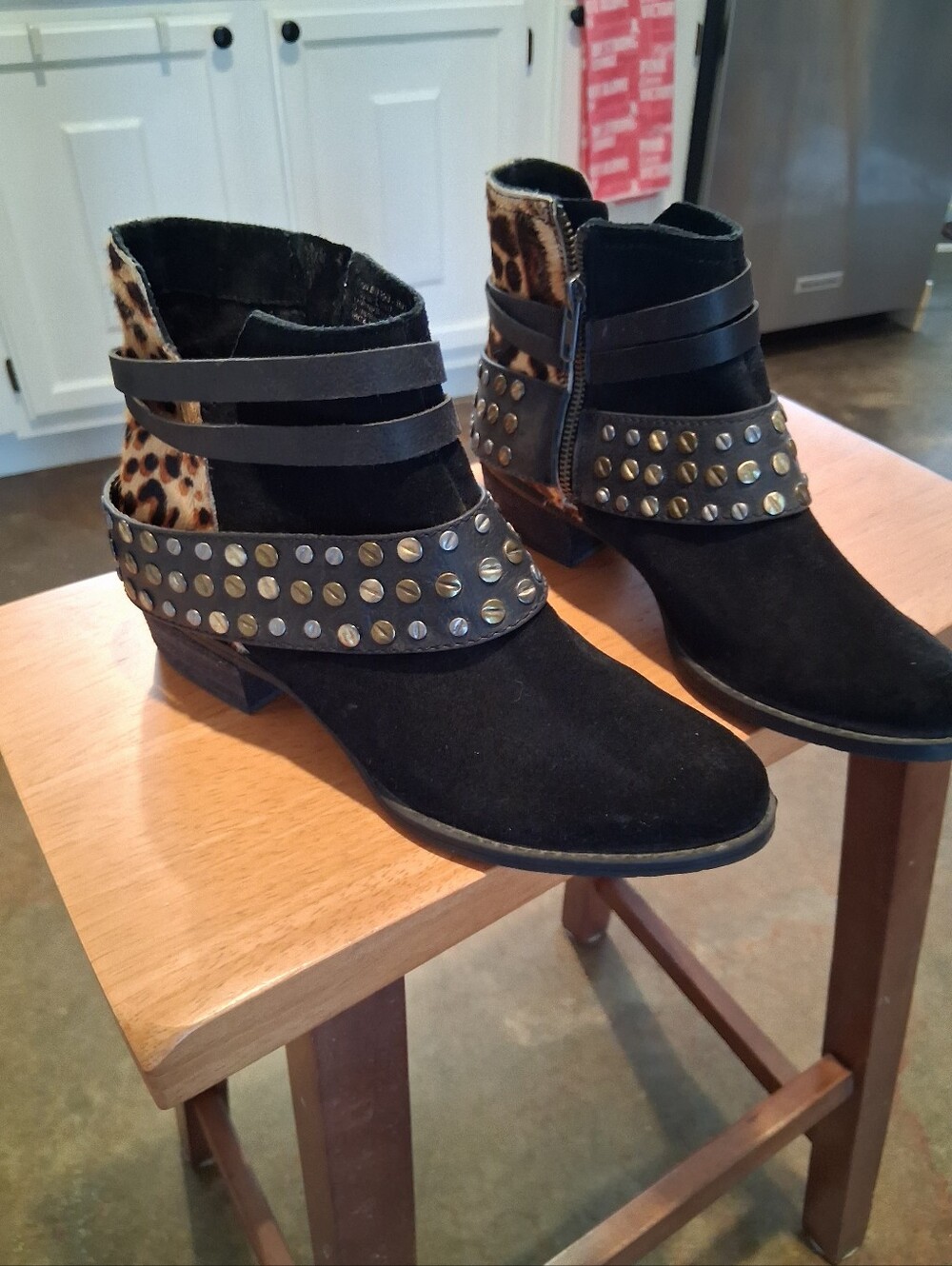 Naughty Monkey Crimson Studded Black Suede Ankle Boots with Leopard Accent